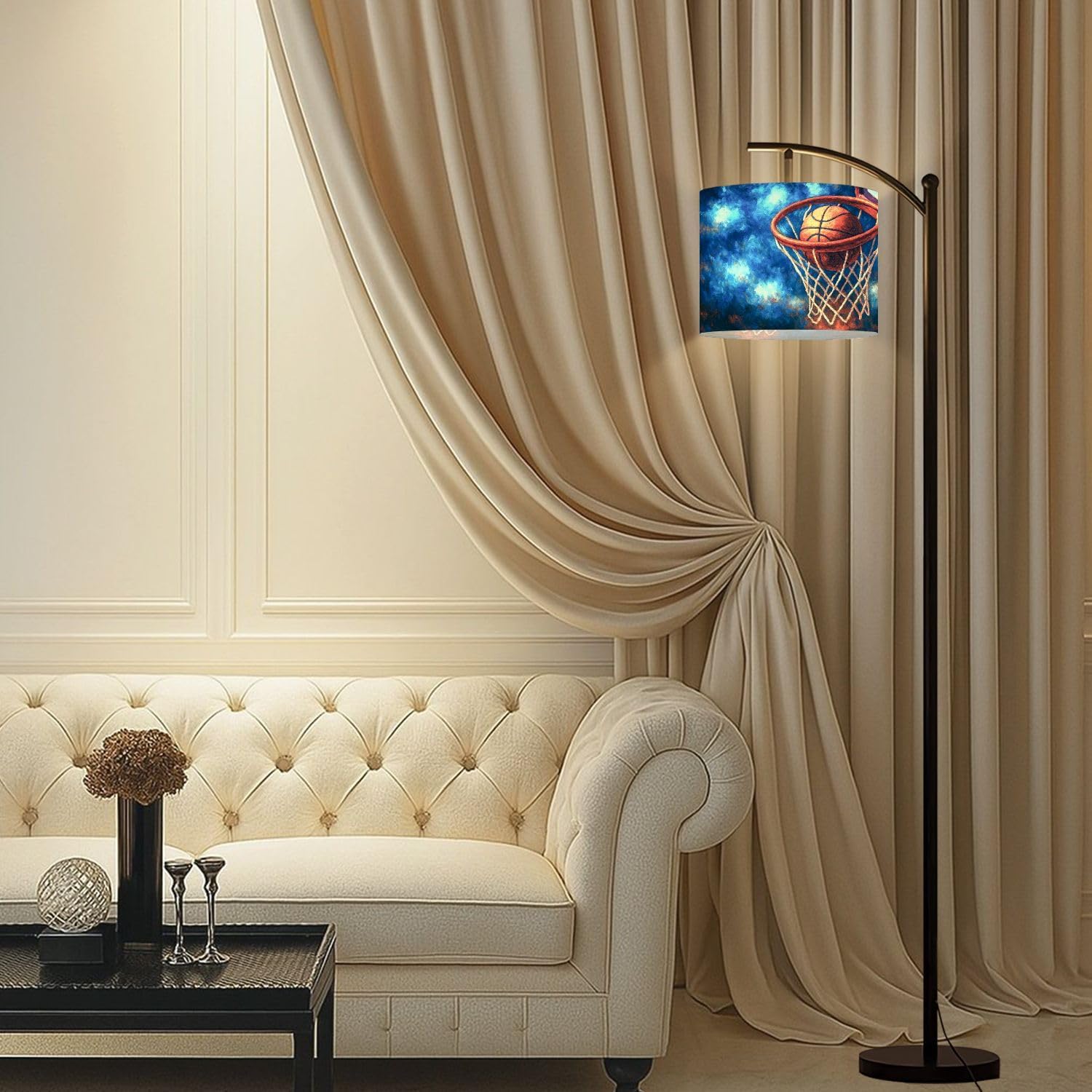 Arc Floor Lamp Sports Baseball Sport Theme Vintage Basketball Hoop Net Sky Dynamic Tall Standing Lamp Modern Dimmable with Remote Adjustable Drum Shade Footswitch for Living Room Bedroom Office