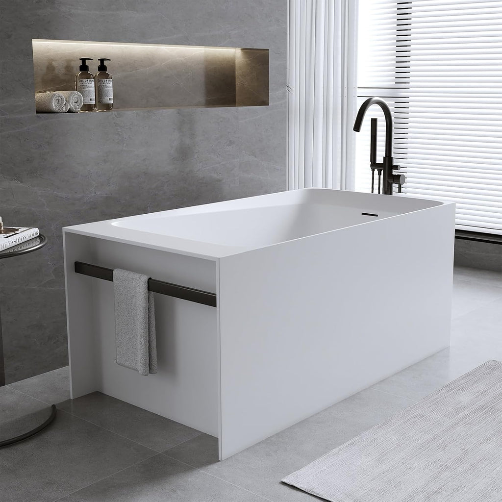 51'' Solid Surface Freestanding Bathtub, Stone Resin Stand Alone Soaking Tub, Modern Rectangular Freestanding Tubs with Overflow, Pop-up Drain, Thick Edge, Matte White