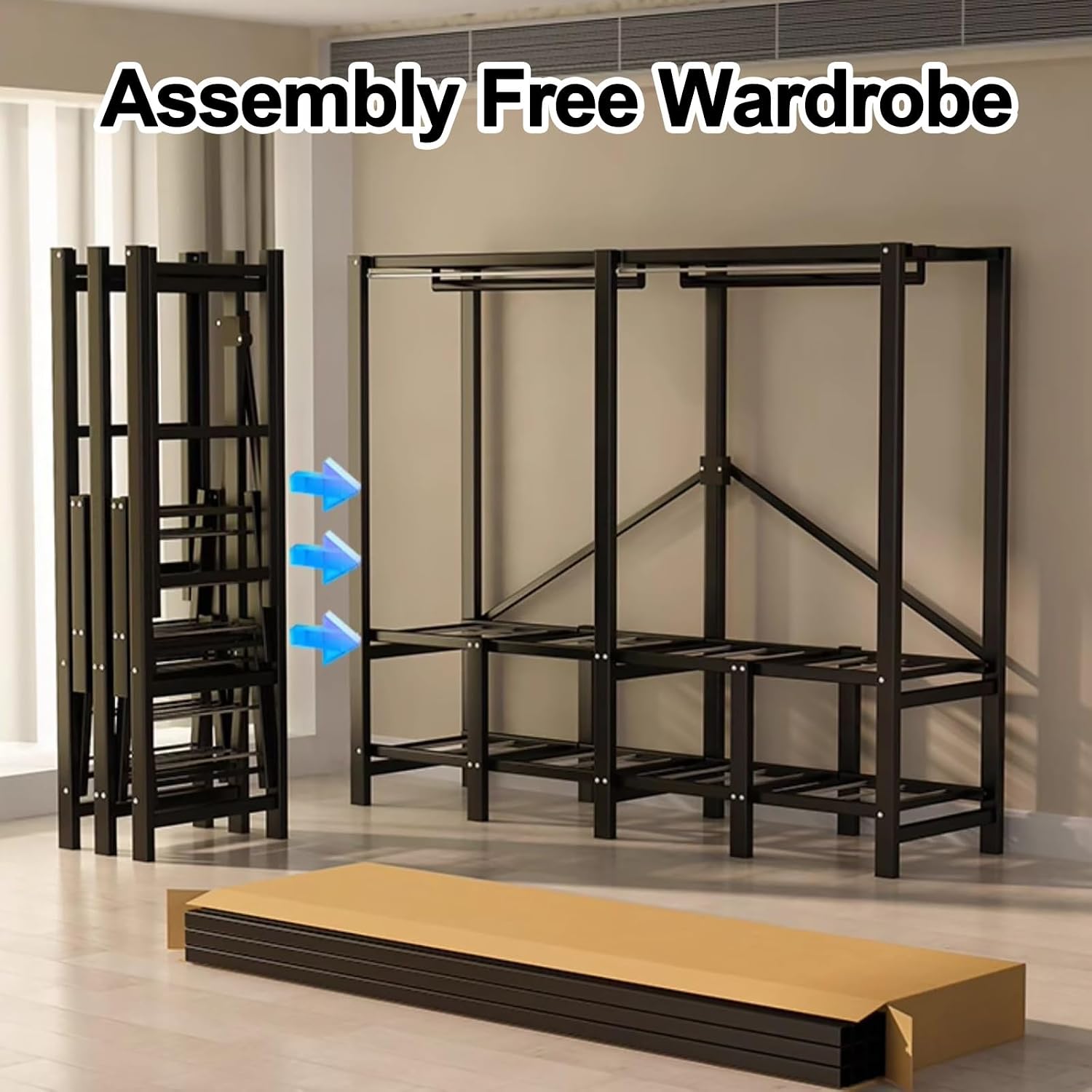 Heavy Duty Portable Wardrobe Closet With Cover, Covered Clothing Coat Storage Organizer For Hanging Clothes, Garment Rack With Hanging Rods(Blue1,151cm/59.4inch)