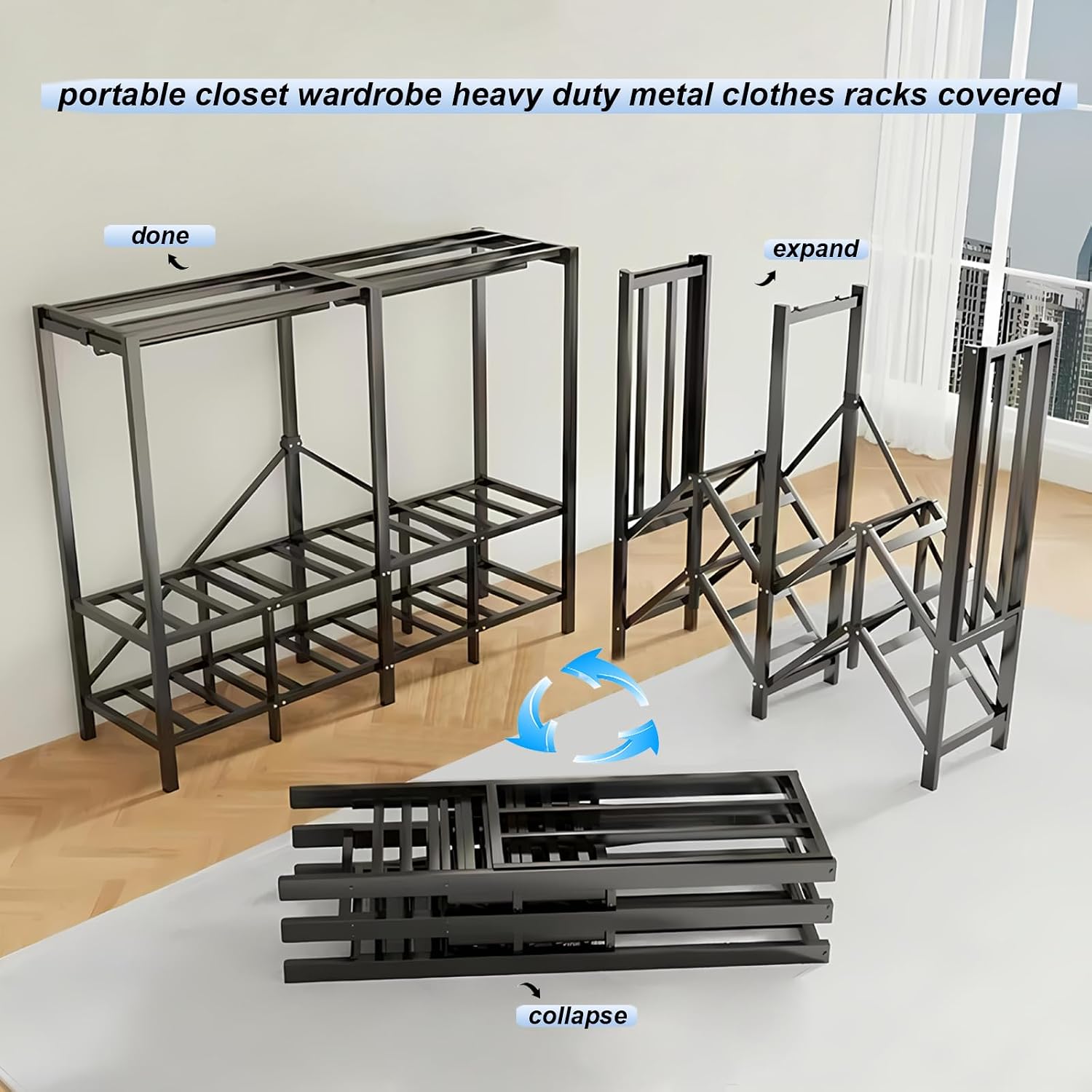 49.2in Foldable Heavy Duty Rolling Covered Metal Garment Rack on Lockable Wheels Large Capacity 360°Enclosed Portable Wardrobe Closet for Bedroom Hanging Clothes (D,Gray Cover, 125cm/49.2in)
