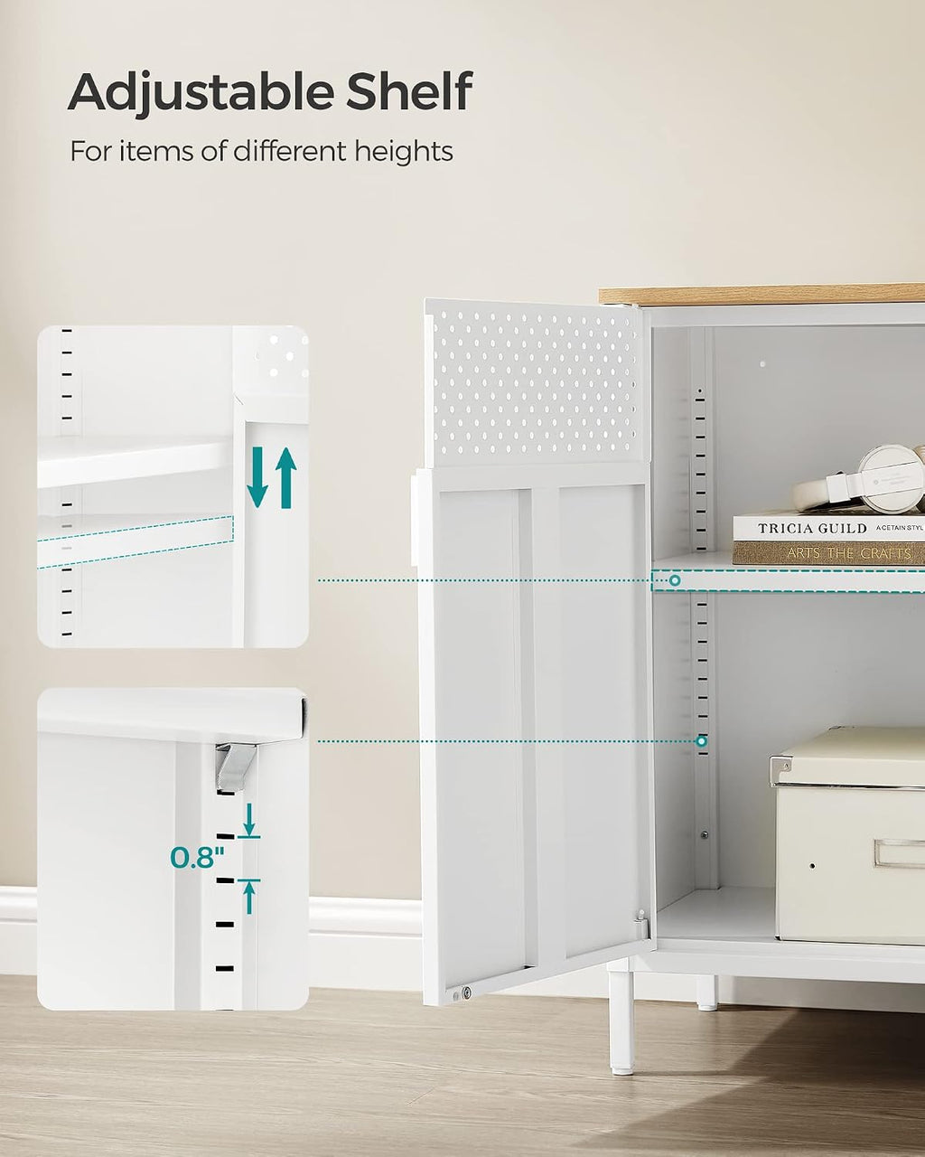 SONGMICS Set of 2 Storage Cabinets, Metal Cabinet, Sideboard with 2 Doors, 15.7 x 31.5 x 29.9 Inches, Magnetic Closure, Adjustable Shelf, Steel Frame, Natural Beige and White ULSC791W01