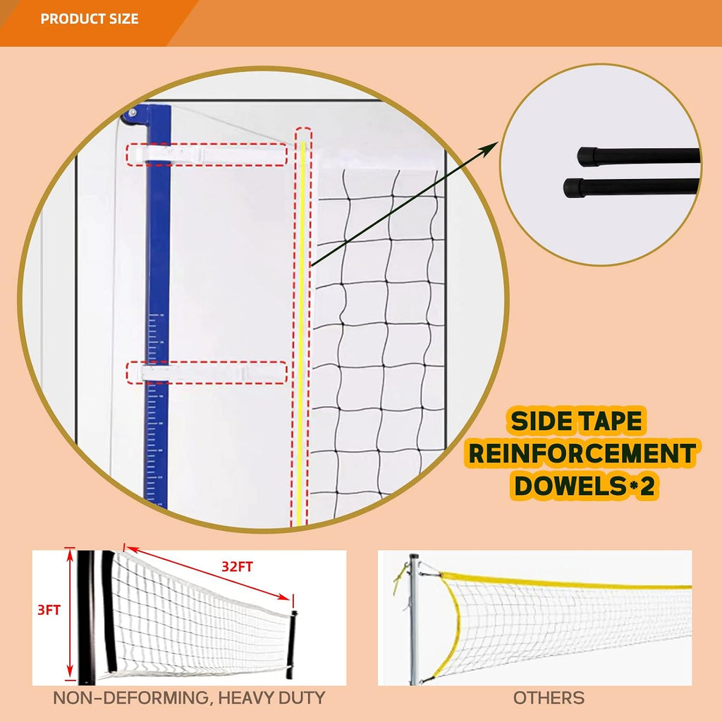 Professional Volleyball Net Heavy Duty Replacement Net - 32x3 FT - Steel Cable & Reinforced Dowels, 4' Square Mesh - for Outdoor Indoor, Backyard, Beach, Court, Pool, Park, School, Drills
