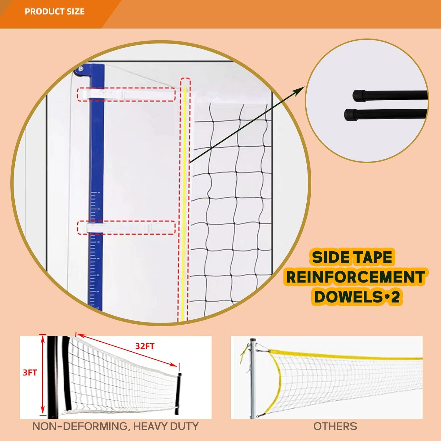 Professional Volleyball Net Heavy Duty Replacement Net - 32x3 FT - Steel Cable & Reinforced Dowels, 4' Square Mesh - for Outdoor Indoor, Backyard, Beach, Court, Pool, Park, School, Drills