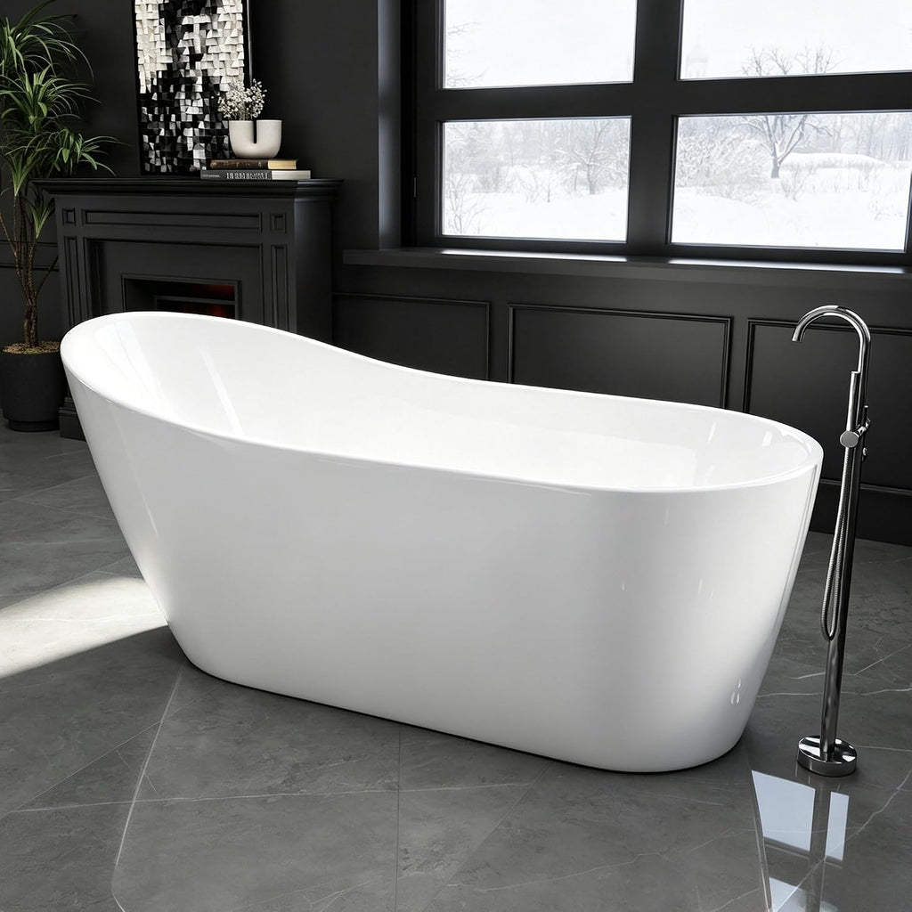 67' Acrylic Free Standing Tub, High-Back Freestanding Bathtub, Soaking Tub with Overflow and Drain, Gloss White