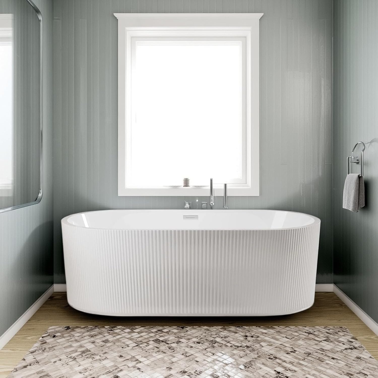 59' Freestanding Acrylic Soaker Bathtub, Fluted Style Free Standing Tub Glossy White, Pop-Up Drain, cUPC Certified - Spacious Stand Alone Tub