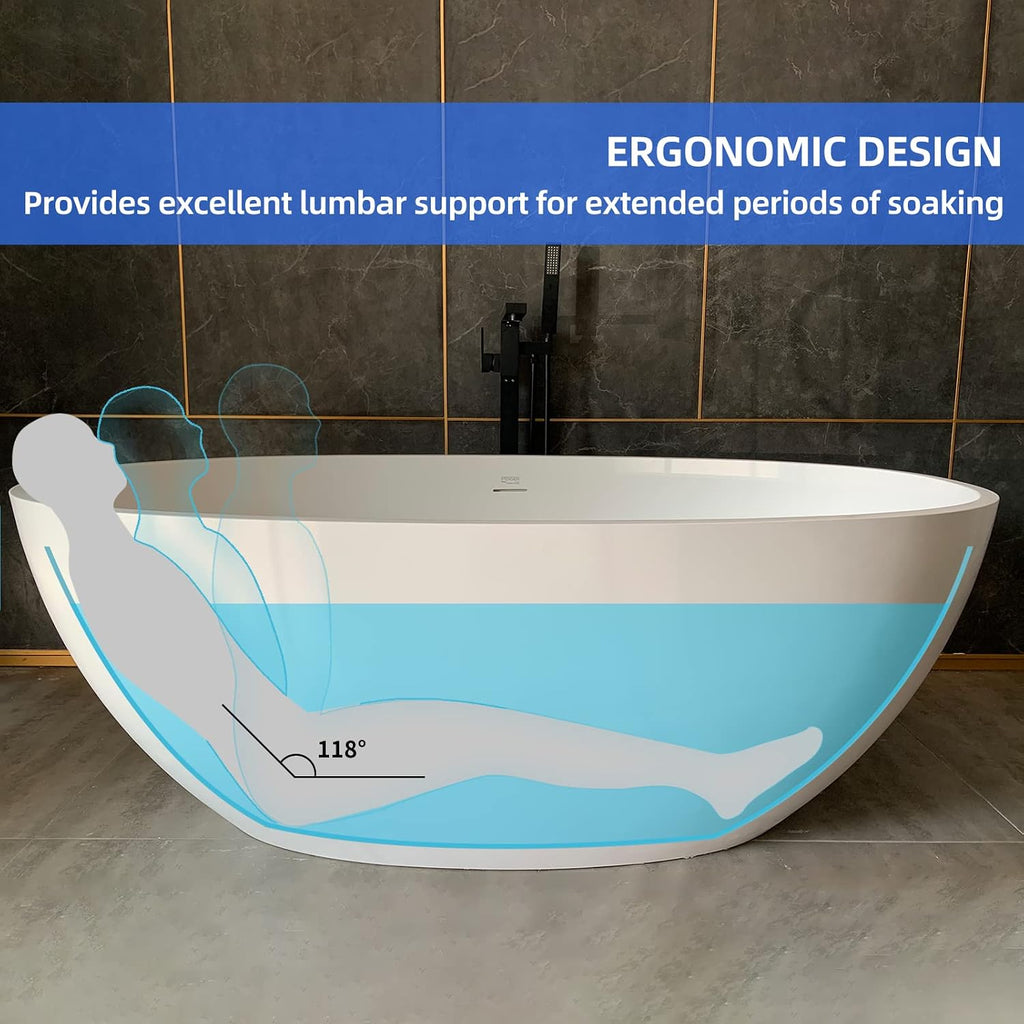 Cpingao 55' Freestanding Bathtub, Oval Shaped Stone Resin Freestanding Tubs, Solid Surface Matte White Soaking Tub with Overflow and Pop-up Drain