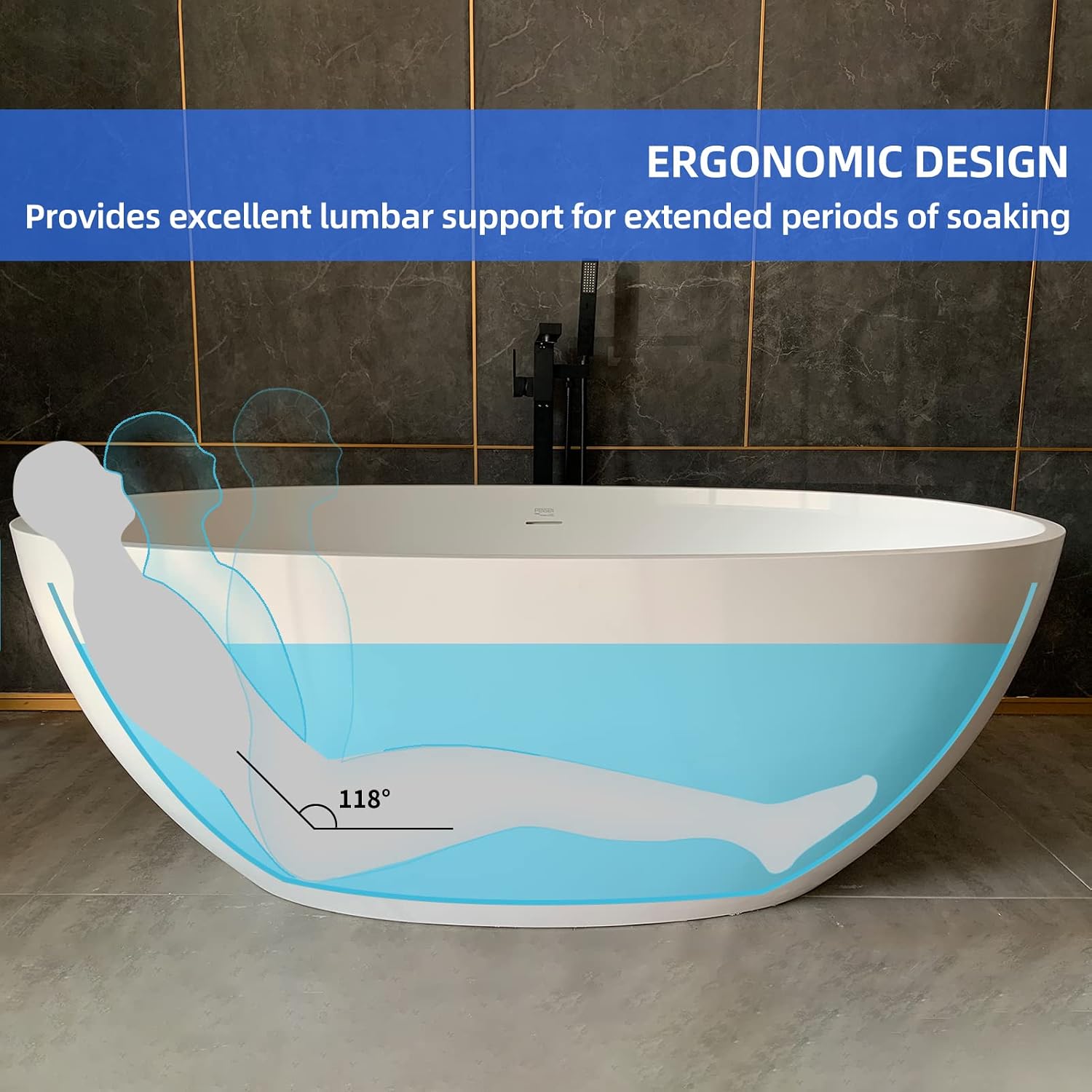Cpingao 67' Freestanding Bathtub, Oval Shaped Stone Resin Freestanding Tubs, Solid Surface Matte White Soaking Tub with Overflow and Pop-up Drain 8801-1700