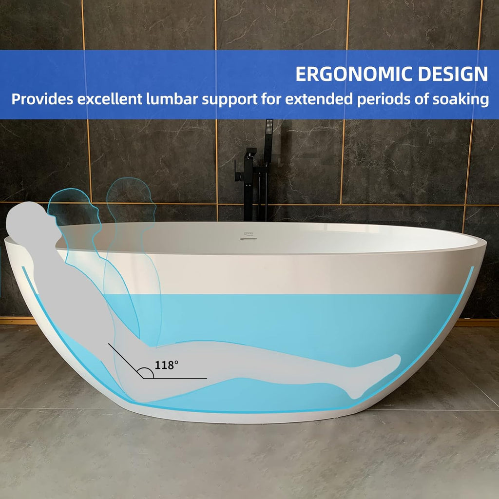 Cpingao 59' Freestanding Bathtub, Oval Shaped Stone Resin Freestanding Tubs, Solid Surface Matte White Soaking Tub with Overflow and Pop-up Drain 8801-1500