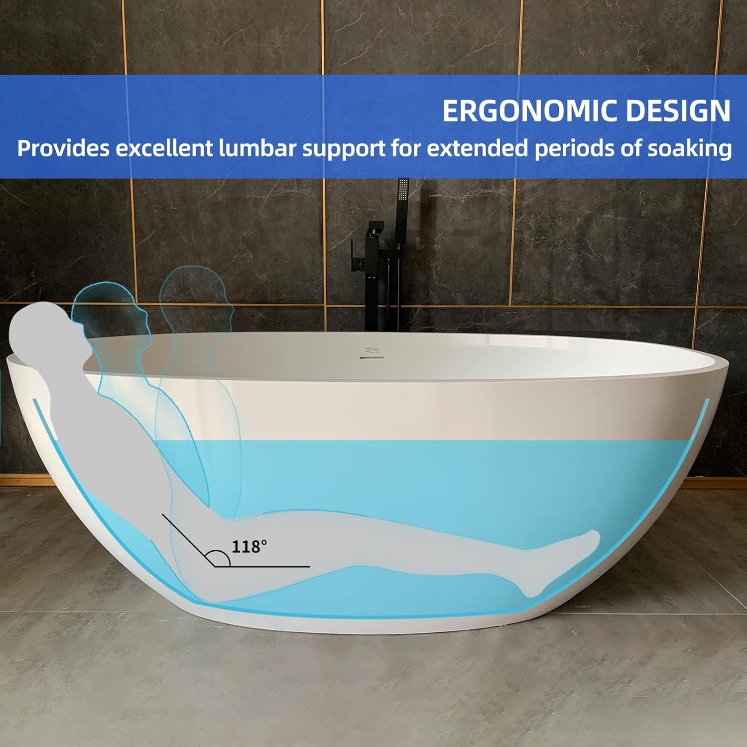 Cpingao 59' Freestanding Bathtub, Oval Shaped Stone Resin Freestanding Tubs, Solid Surface Matte White Soaking Tub with Overflow and Pop-up Drain 8801-1500