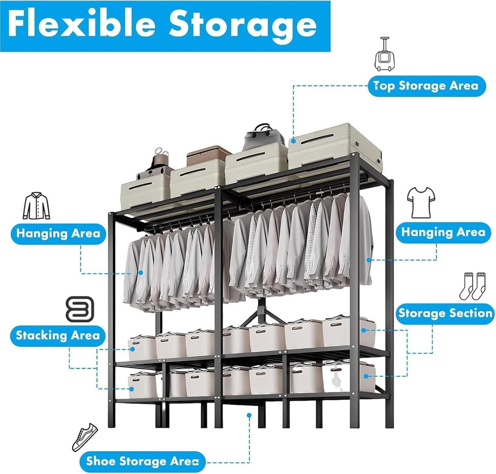 Foldable Covered Clothes Rack,Heavy Duty Portable Closet with Cover 1200lbs,for Hanging, Wardrobe Closet System Freestanding Coat Storage Garment Racks Enclosed with Independent Area`(152X52X172CM)