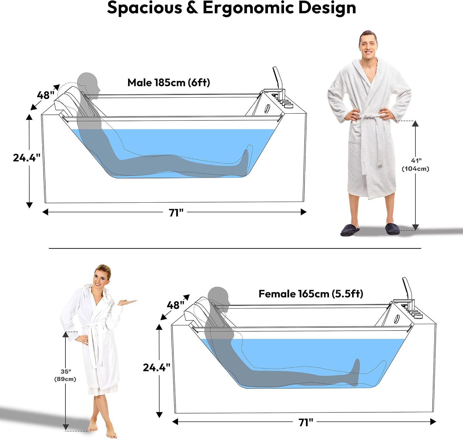 Empava PRO Series 71'x48' Whirlpool Tub | Heated Bubble Spa for 2 with Thermostatic Control & Chromotherapy | Acrylic Freestanding Soaking Bathtub, White (ETL Certified)