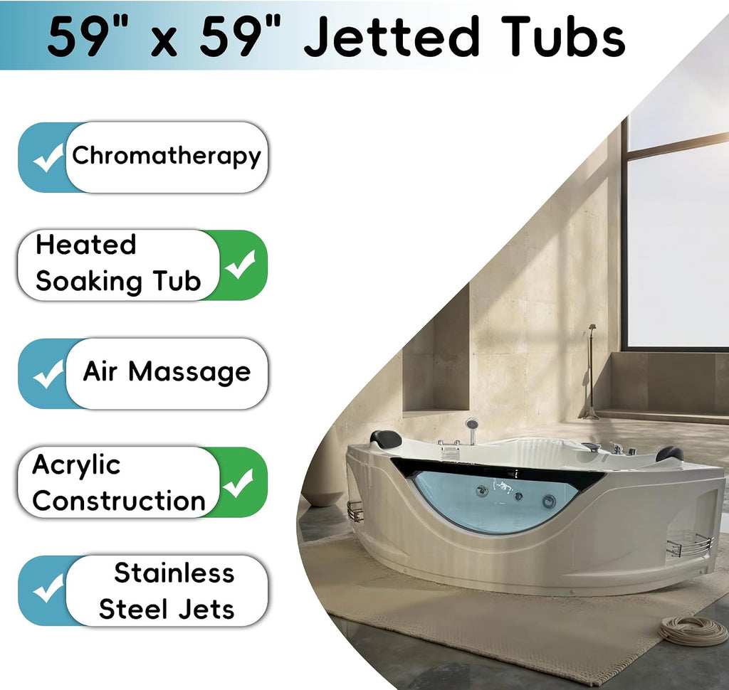 59'x59' Jetted Corner Tubs with 6 Whirlpool Nozzles, 2 Person Massage Whirlpool Bathtub with Pillows, Hydro Massage, Chromatherapy LED Lights, Certified Water Pump, Pneumatic Adjust System