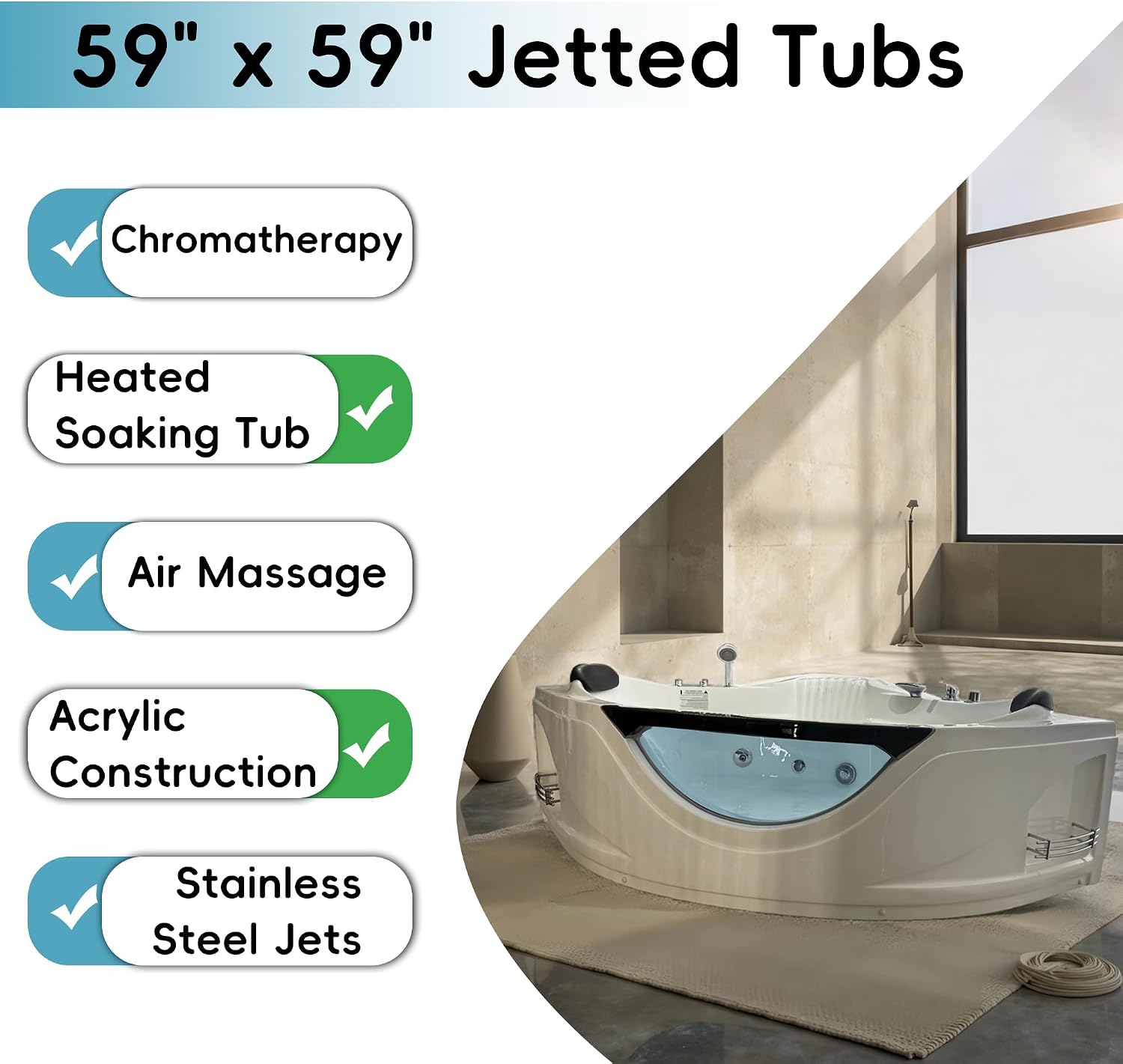59'x59' Jetted Corner Tubs with 6 Whirlpool Nozzles, 2 Person Massage Whirlpool Bathtub with Pillows, Hydro Massage, Chromatherapy LED Lights, Certified Water Pump, Pneumatic Adjust System