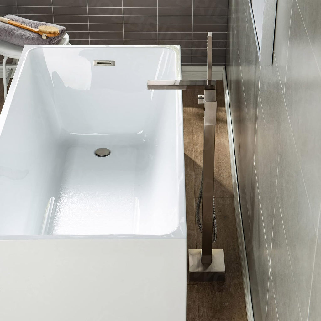 Woodbridge Brushed Nickel Freestanding Tub Filler Single Handle Floor Mounted Faucets with Handheld Shower. Square Design