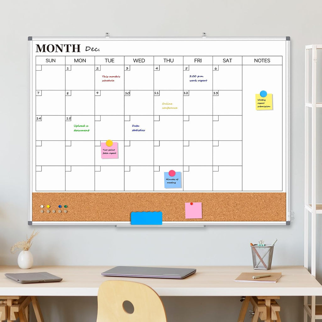 Large Monthly Dry Erase Calendar Whiteboard for Wall, 48' x 36' Double-Sided Big Calendar White Board Cork Board Combo, Aluminum Framed Month Planning Bulletin Board for Office, School, Home