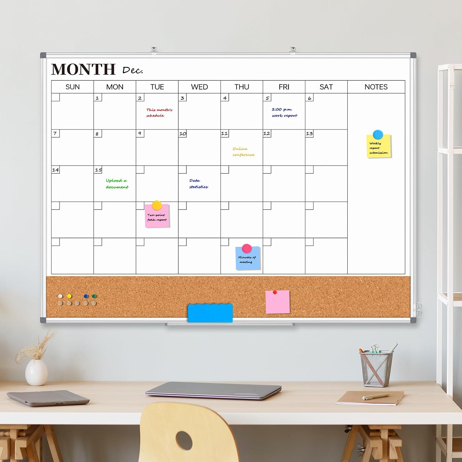 Large Monthly Dry Erase Calendar Whiteboard for Wall, 48' x 36' Double-Sided Big Calendar White Board Cork Board Combo, Aluminum Framed Month Planning Bulletin Board for Office, School, Home