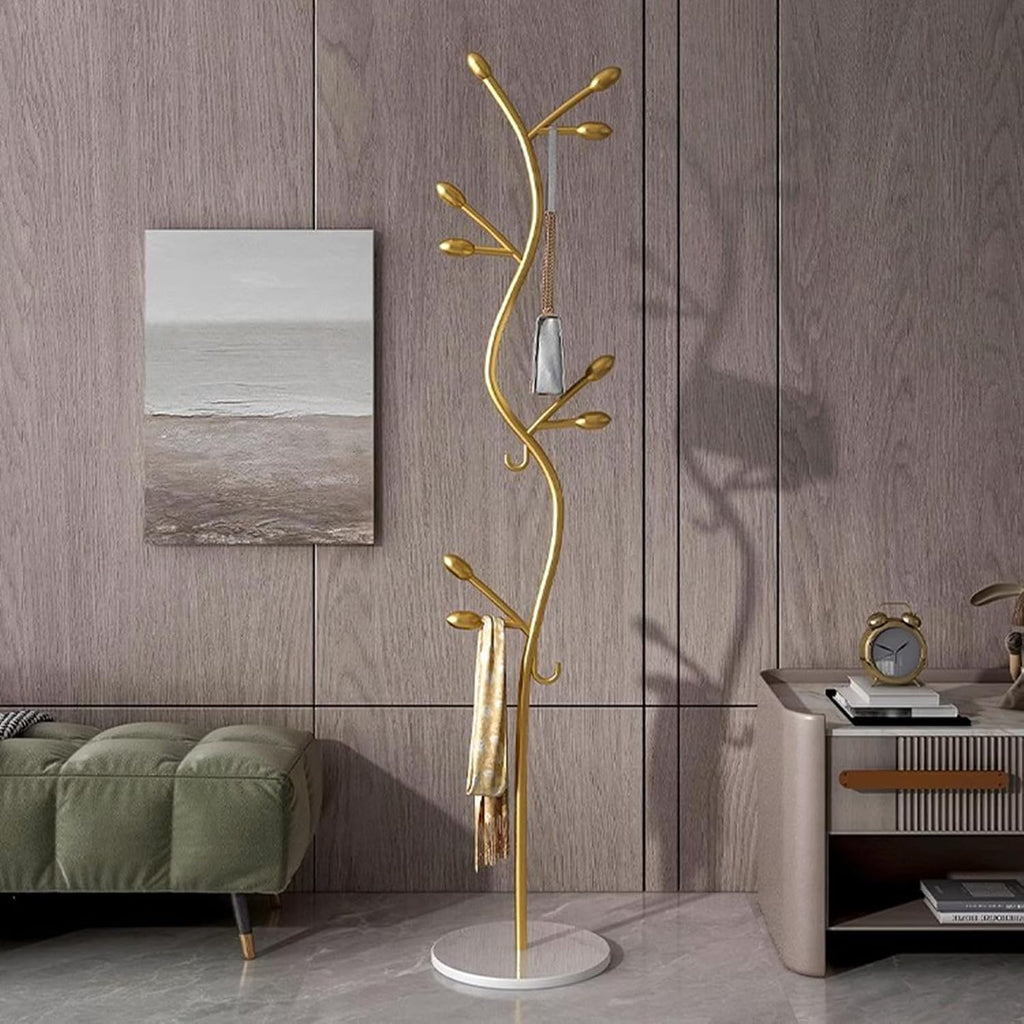 Garment Rack Freestanding Small Modern Coat Rack With Round Marble Base, Entryway Metal Coats Hanger Stand With 8 Hooks For Bedroom And Office, Save Space, 35X175CM(Color:Gold+White)