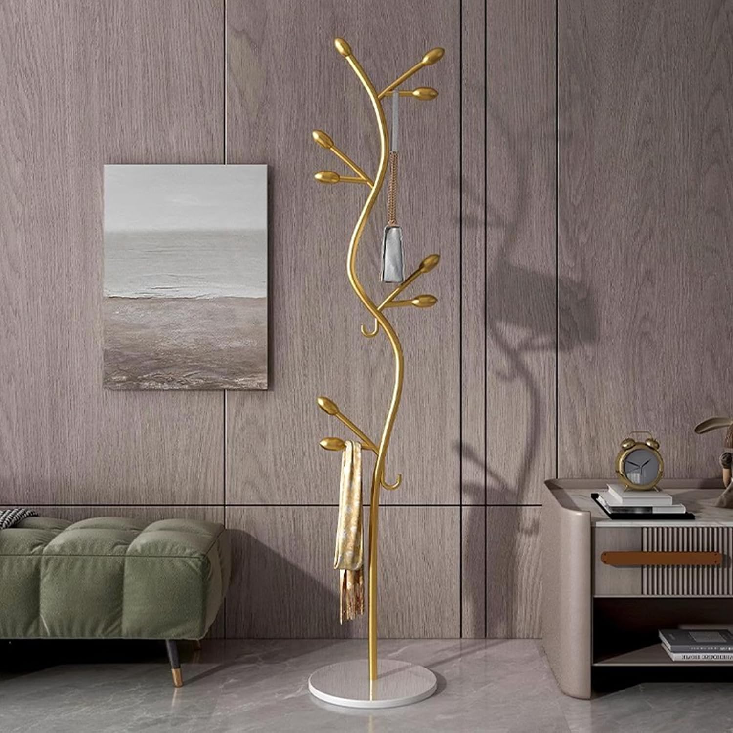 Garment Rack Freestanding Small Modern Coat Rack With Round Marble Base, Entryway Metal Coats Hanger Stand With 8 Hooks For Bedroom And Office, Save Space, 35X175CM(Color:Gold+White)