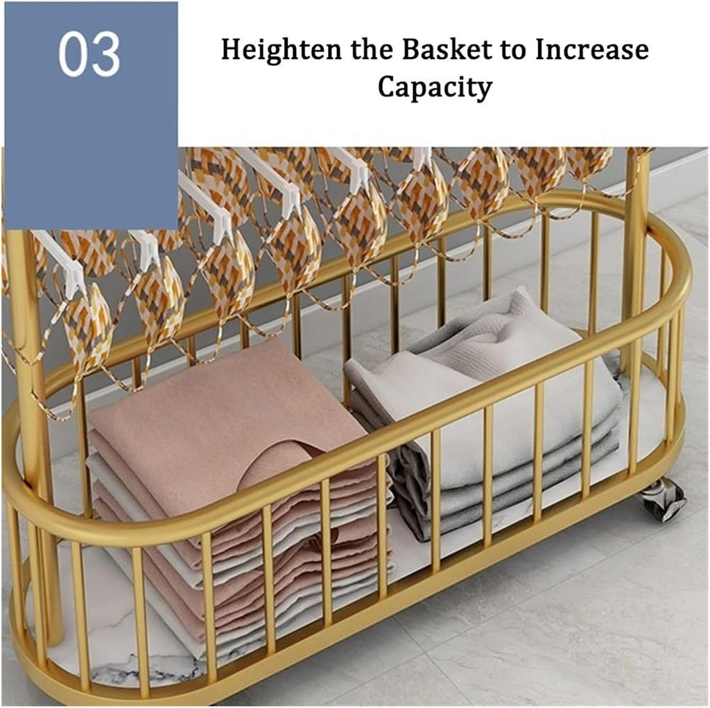 Clothes Rail Garment Rack 3-Tier Floor-Standing Bra Rack, Metal Underwear Panty Shorts Display Stand with Wheels, Storage Shelf for Bedroom/Boutique/C