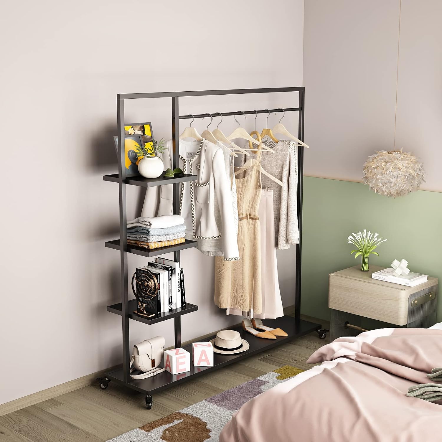 Black Clothing Racks with Shelf, Boutiques Retail Clothing Rack, Heavy Duty Industrial Clothes Racks, Multiple Uses Display for Home and Retail(Black)