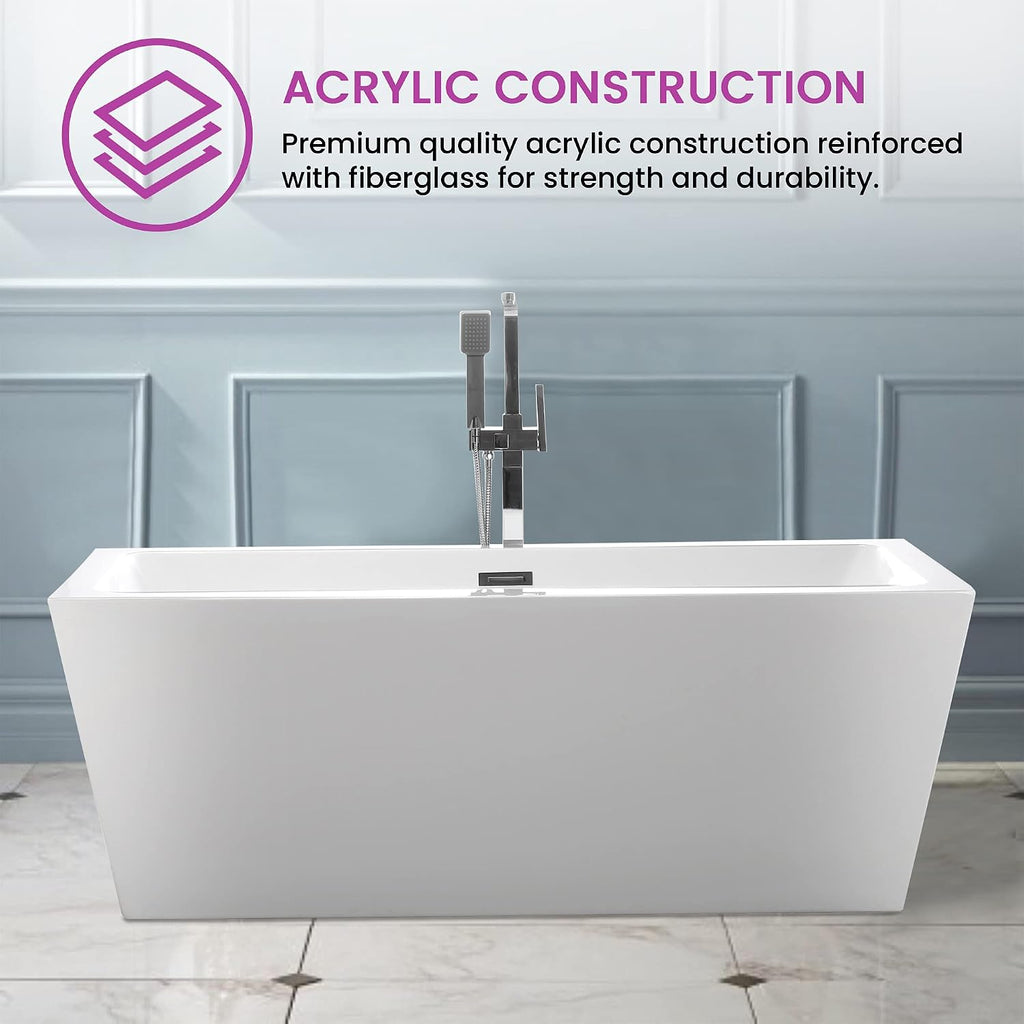 Vanity Art 67 X 31 Inch White Acrylic Freestanding Bathtub | Contemporary Design Soaking Tub with Pop-up Drain and Slotted Overflow Included, UPC Certified VA6814-L