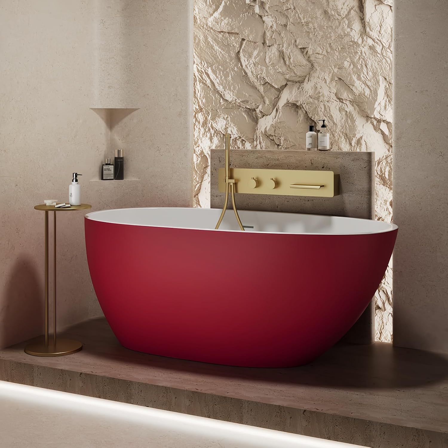 60' Edeyeu Oval Freestanding Bathtub - Extra Deep Soaker Tub With Premium Acrylic, Ergonomic Solid Surface Stand Alone Bathtub, Modern Freestanding Bathtubs For Spa Experience Red