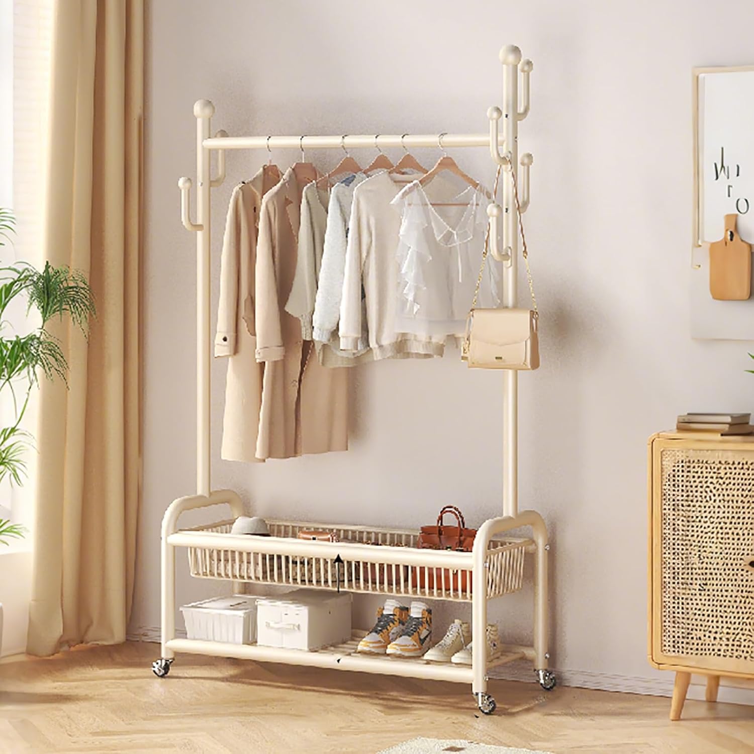 Heavy-Duty Clothes Rack With Wheels,Garment Rack With Storage Shelves And Coat/Hat Hooks,Hanging Racks For Clothes,Freestanding Rolling Clothing Organizer For Bedroom Storage(White,80cm(31.5in))