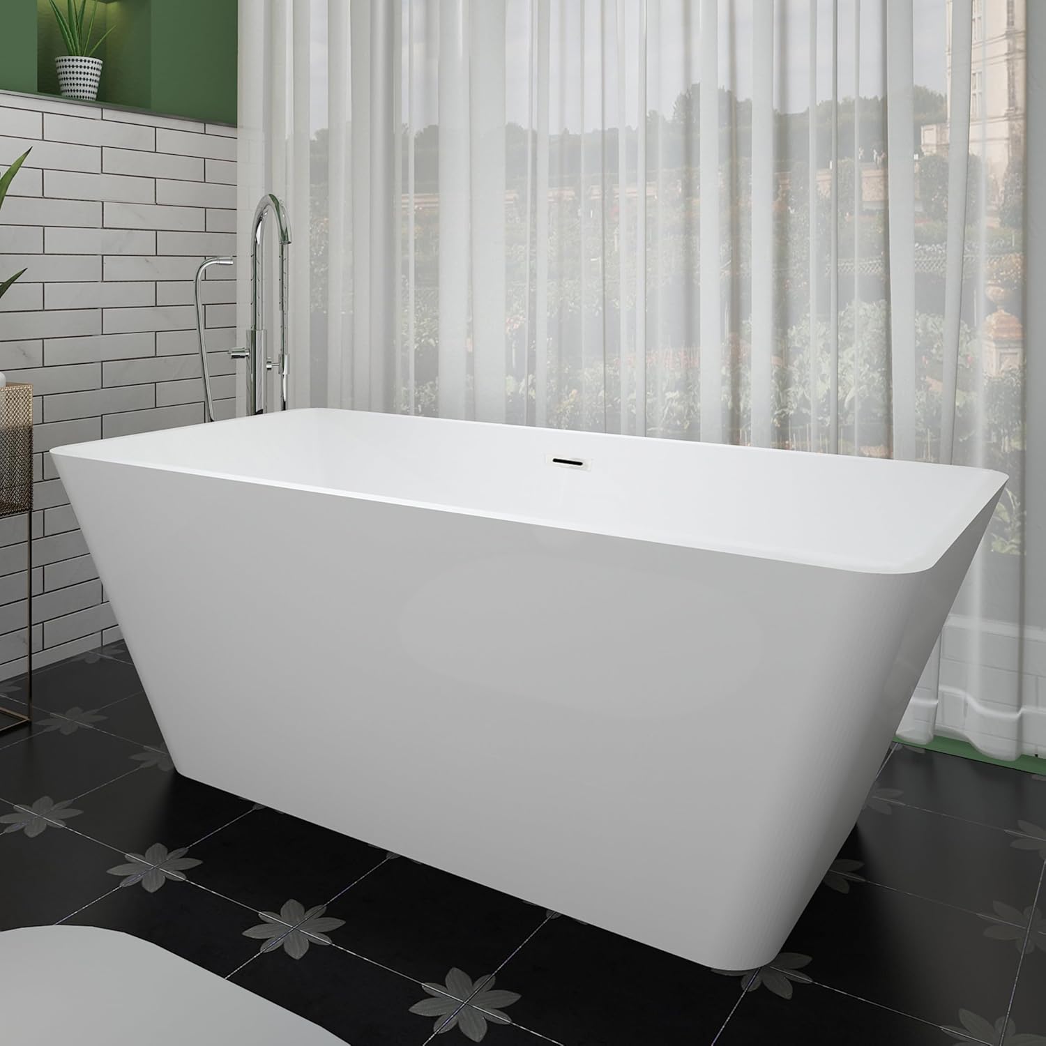 55 inch Square Free Standing Soaking Bathtub, Contemporary Stand Alone Freestanding Acrylic Tub with Center Chrome Drain & Overflow, Glossy White