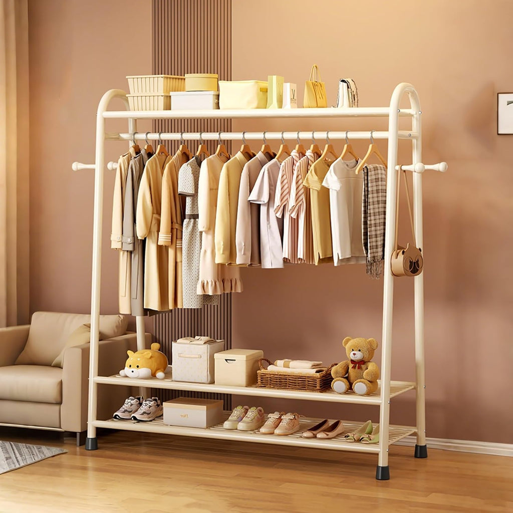 Portable Clothes Rack,Metal Garment Rack With Storage Shelves And Coat/Hat Hooks,Freestanding Clothing Organizer Racks For Hanging Clothes,Black/White(White,85cm(33.4in))