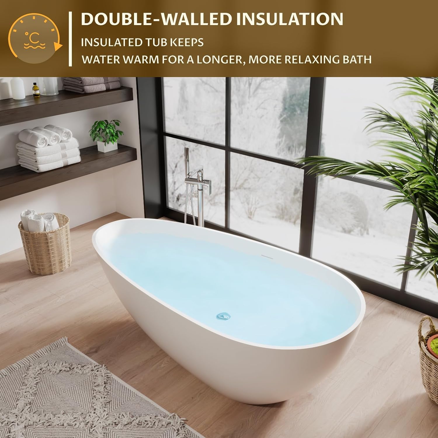 67' Freestanding Bathtub, Solid Surface Soaking Tub - Oval Egg Shell Stone Resin with Pop-Up Drain & Overflow, CUPC Certified Matte White Deep Soaking Tub with Ergonomic Design for Luxury Bathroom