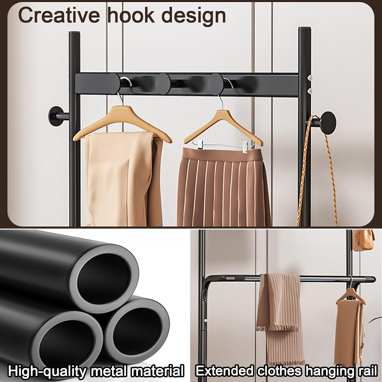 Clothes Racks For Hanging Clothes With Wheels,Garment Rack With Storage Shelves And Coat/Hat Hooks,Freestanding Rolling Clothing Organizer For Bedroom Living Room(White,60cm(23.6in))