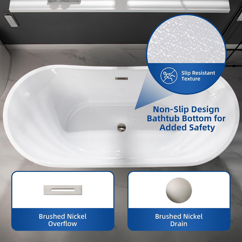 WOODBRIDGE 71' Acrylic Freestanding Bathtub Contemporary Soaking White Tub with Brushed Nickel Overflow and Drain,B0017-BN