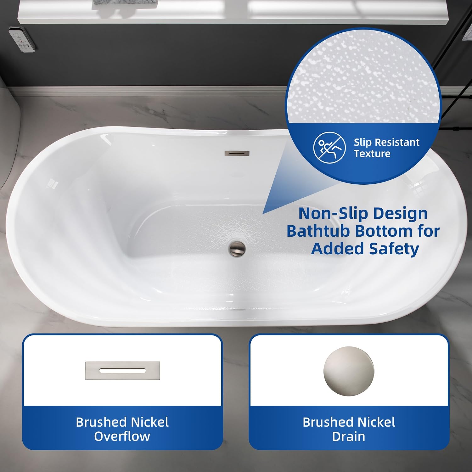 WOODBRIDGE 71' Acrylic Freestanding Bathtub Contemporary Soaking White Tub with Brushed Nickel Overflow and Drain,B0017-BN