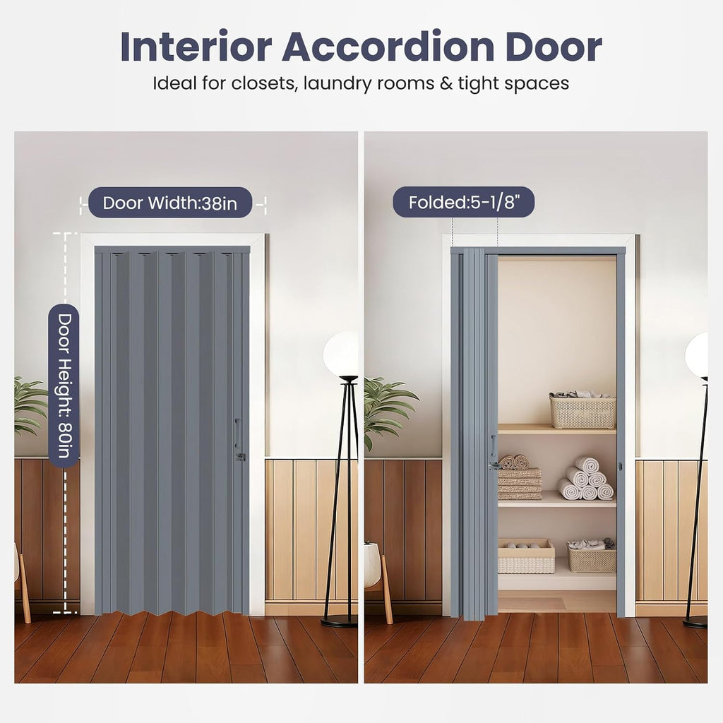 DIYHD 38X80in Interior Folding PVC Accordion Door,Grey,Include Door and Mounting Hardware,Handle,Latch,Folded Width 5-1/8'