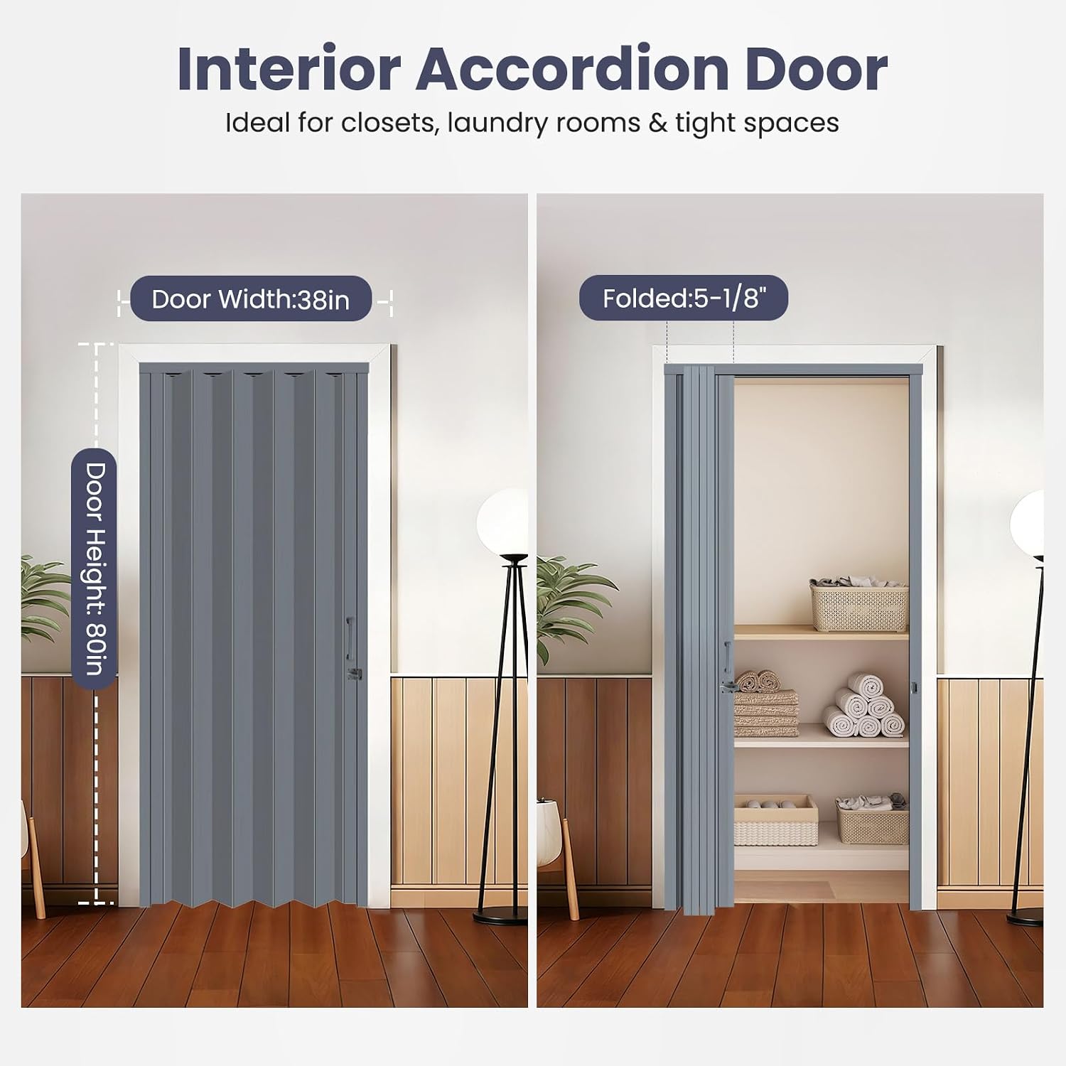 DIYHD 38X80in Interior Folding PVC Accordion Door,Grey,Include Door and Mounting Hardware,Handle,Latch,Folded Width 5-1/8'
