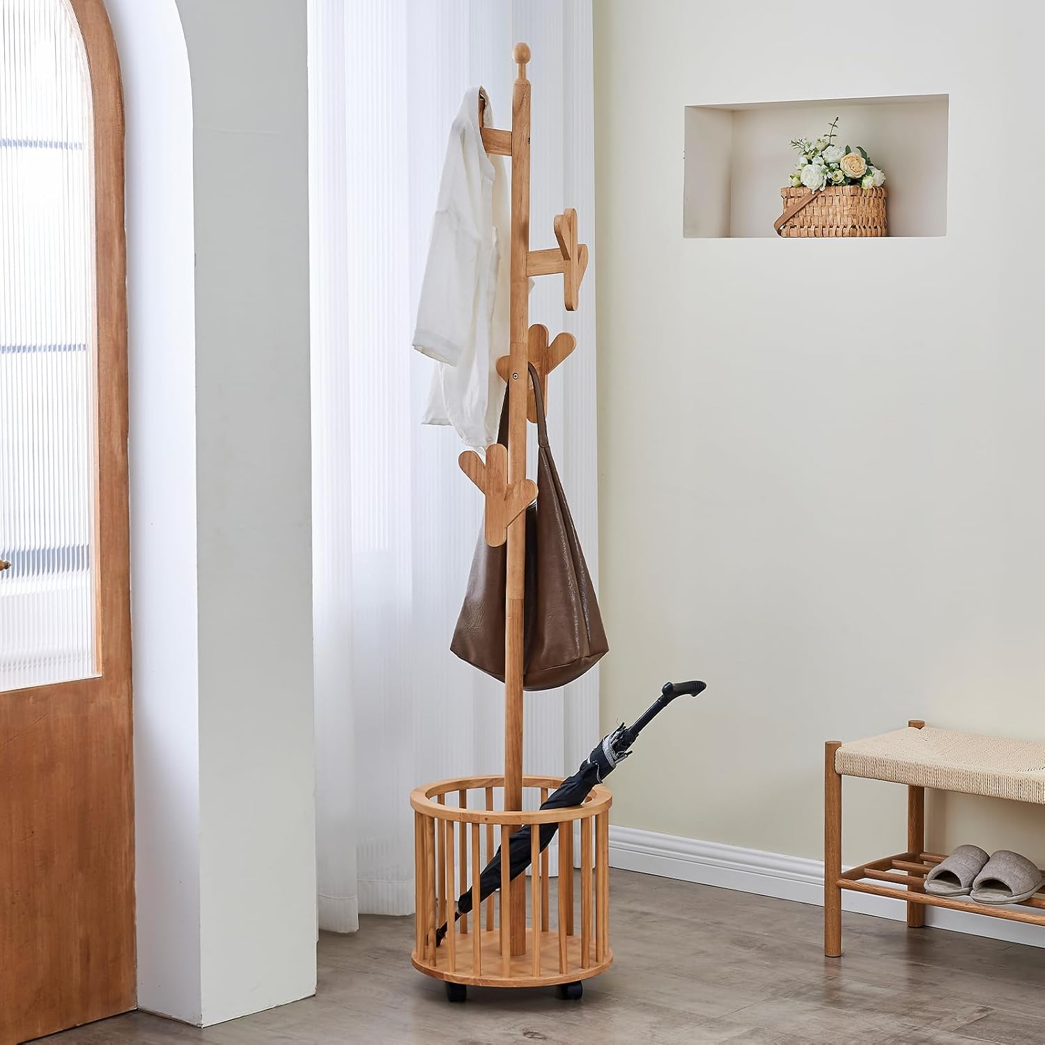 CozyDH Solid Wood Coat Rack Freestanding with Lockable 360° Rotary Casters, Coat Tree Stand with Umbrella Holder & Laundry Basket Storage & 12 Hooks, Natural