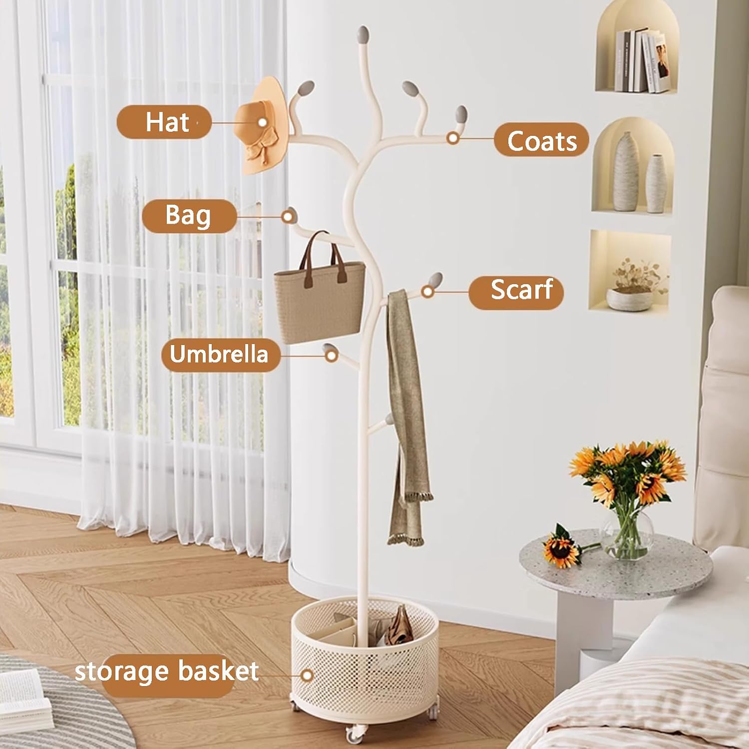 Heavy Duty Garment Rack Coat Rack with Storage Basket and 9 Hooks, Freestanding Clothes Hanger Stand with Wheels, Space Saving Clothing Rack for Entryway, Bedroom, Office, White, 42X175CM