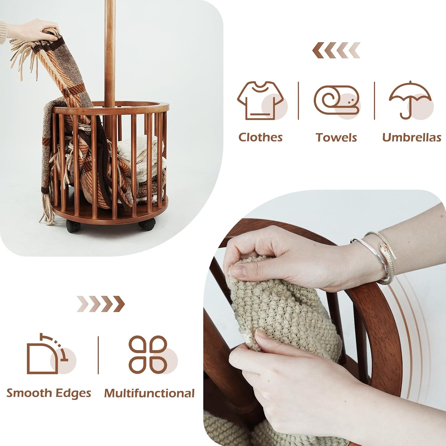 CozyDH Solid Wood Coat Rack Freestanding with Lockable 360° Rotary Casters, Coat Tree Stand with Umbrella Holder & Laundry Basket Storage & 12 Hooks, Walnut