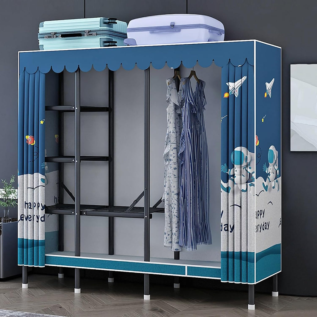 Portable Wardrobe Closet With Cover, Foldable Garment Rack With Hanging Rods, Metal Coat Storage Clothing Rack For Hanging Clothes, For Bedroom(Blue2,190cm/74.8inch)