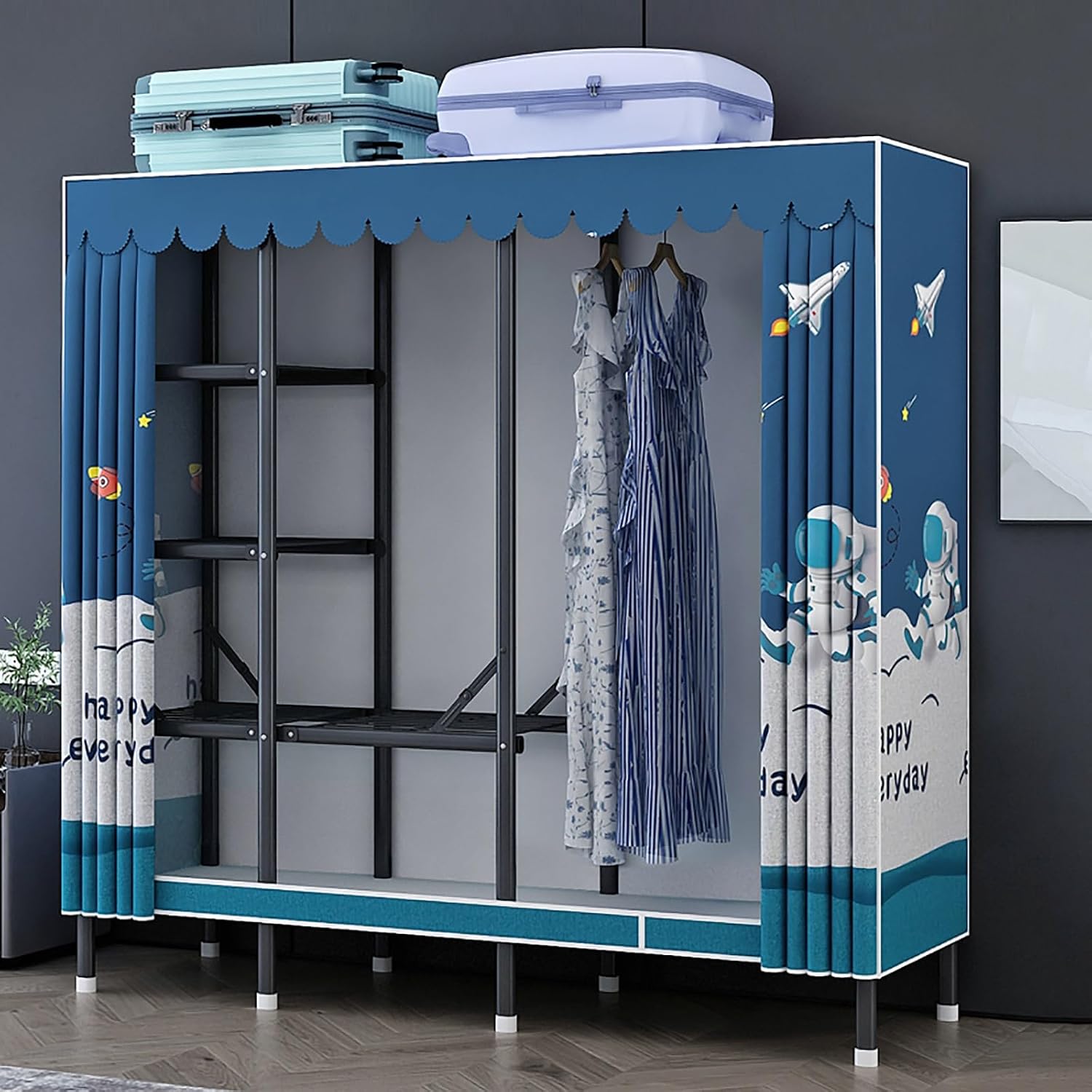 Portable Wardrobe Closet With Cover, Foldable Garment Rack With Hanging Rods, Metal Coat Storage Clothing Rack For Hanging Clothes, For Bedroom(Blue2,190cm/74.8inch)