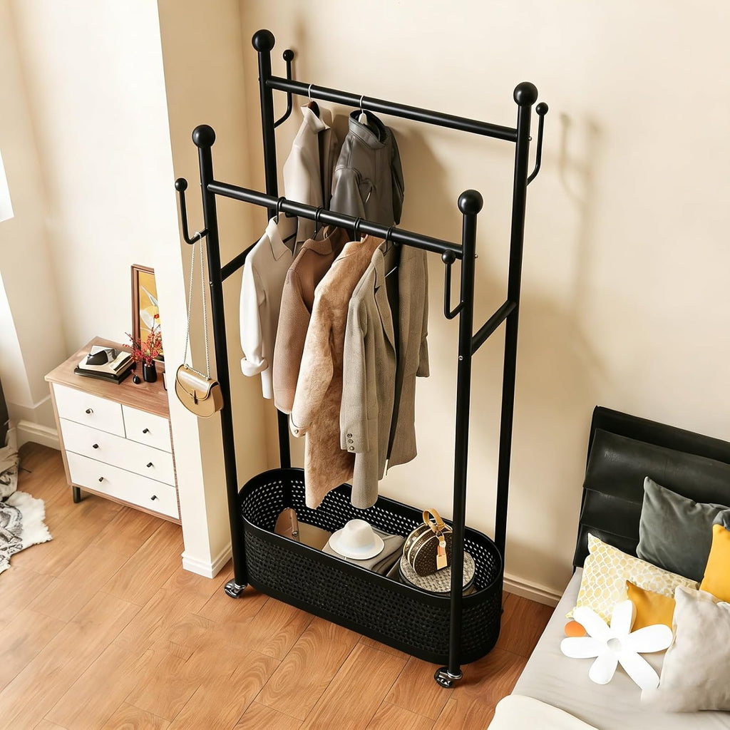 Modern Clothes Rack,Rolling Garment Rack with Storage Basket – Double Rod Clothing Organizer on Wheels for Bedroom, Closet or Entryway – Metal Coat Stand with Hooks(Black,80cm(31.5in))
