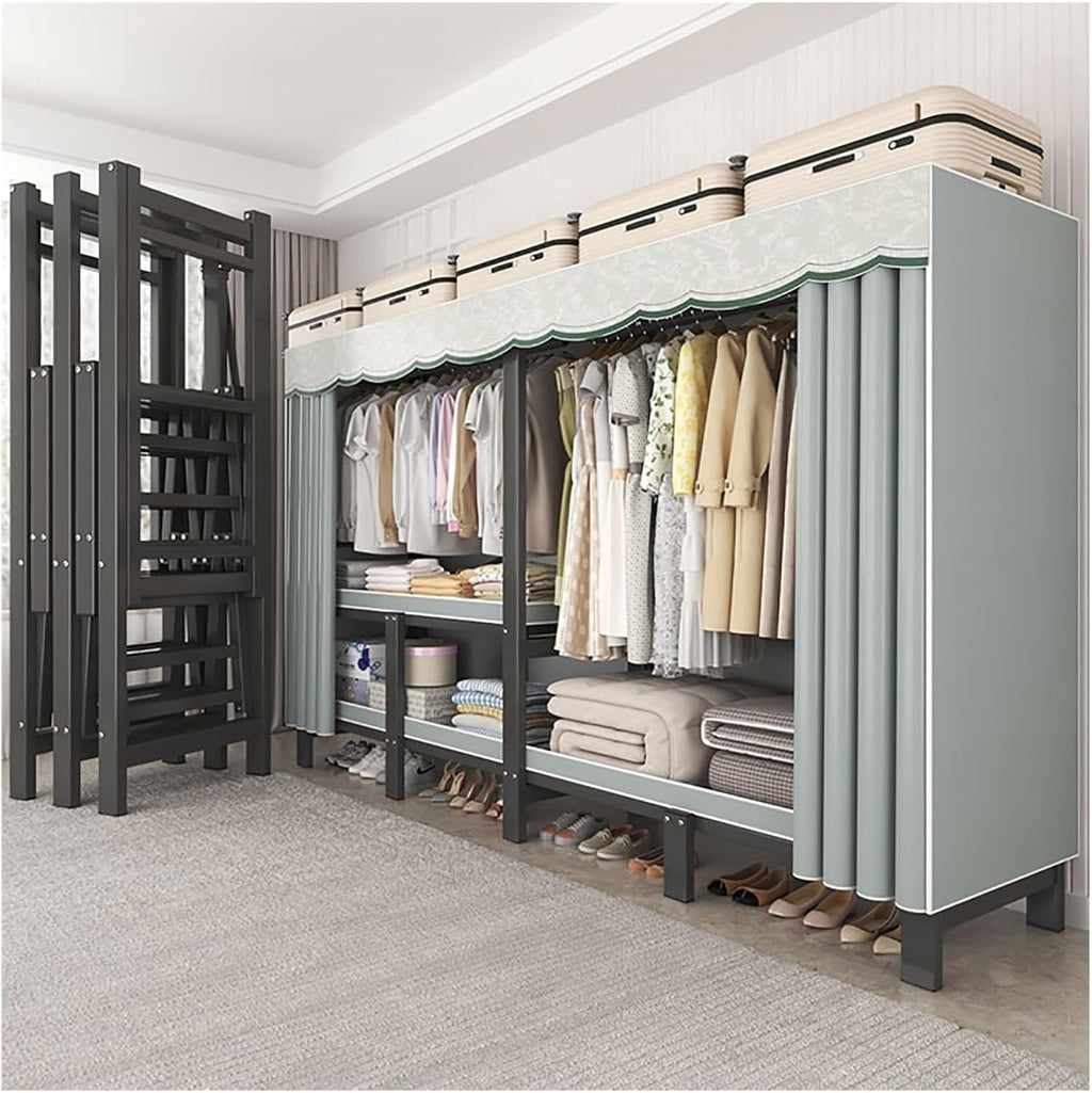 Portable Wardrobe Closet With Cover, Clothing Organizer Wardrobe Rack Shelf, Metal Garment Rack For Hanging Clothes, Foldable Clothes Storage Closet, For Bedroom(Green,150x170x50cm)