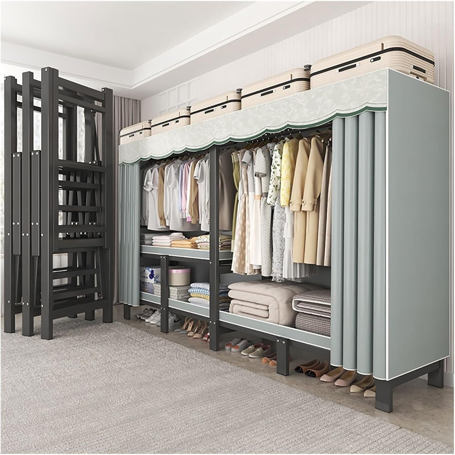 Portable Wardrobe Closet With Cover, Clothing Organizer Wardrobe Rack Shelf, Metal Garment Rack For Hanging Clothes, Foldable Clothes Storage Closet, For Bedroom(Green,130x170x50cm)