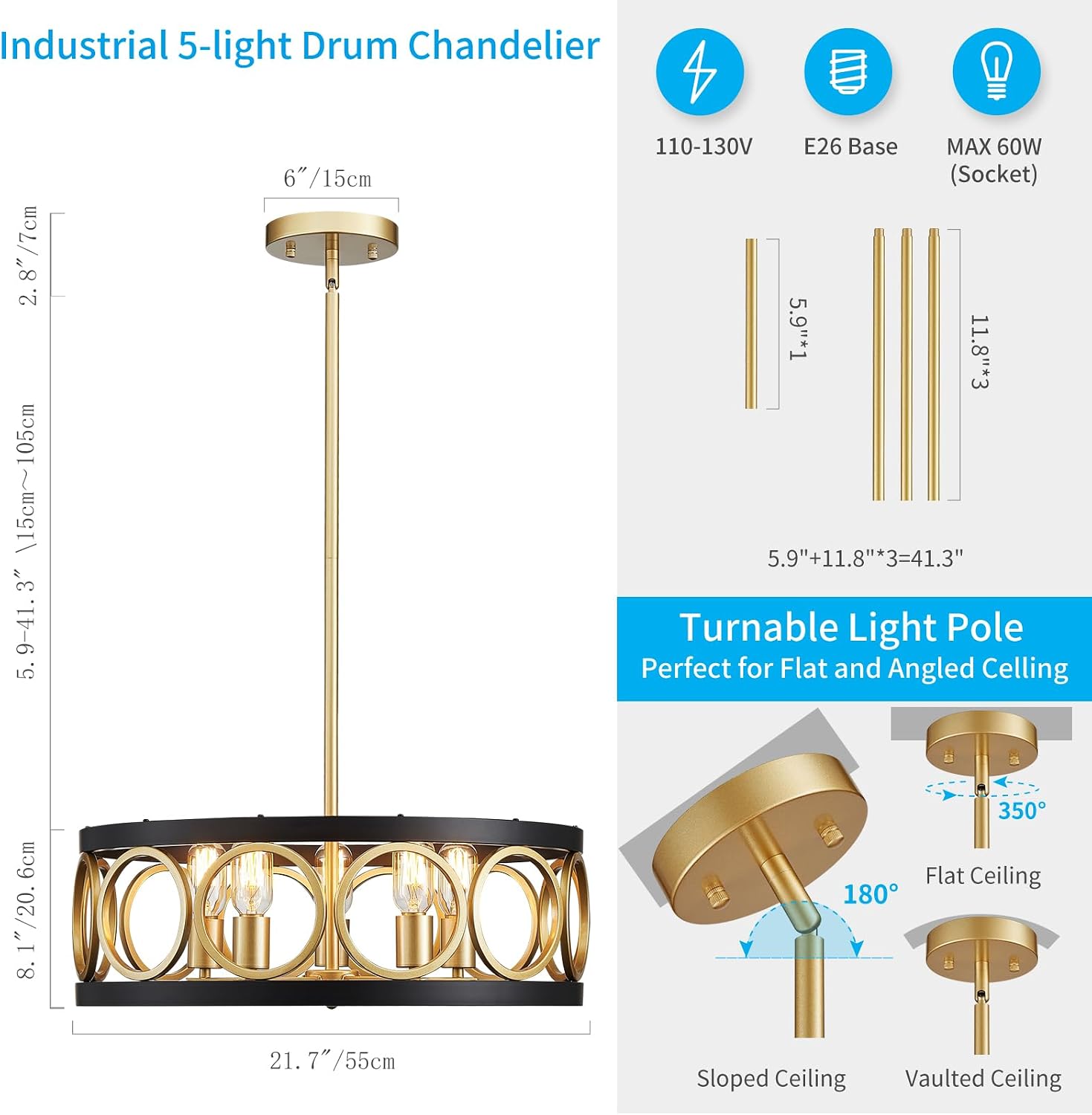 XINGQI 21.7'' Drum Chandelier, 5-Light Rustic Pendant Lighting Modern Farmhouse Chandeliers for Living Room Dining Room Bedroom, Black and Gold Finish Round Metal Ceiling Light Fixture