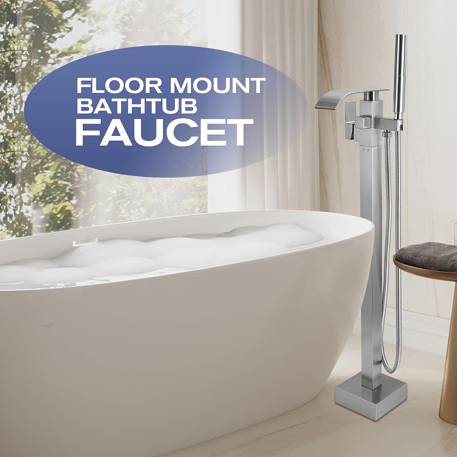 Waterfall Freestanding Bathtub Faucet, Floor Mount Bathroom Tub Filler Bath Shower Faucets with Handheld Sprayer, Brushed Nickel