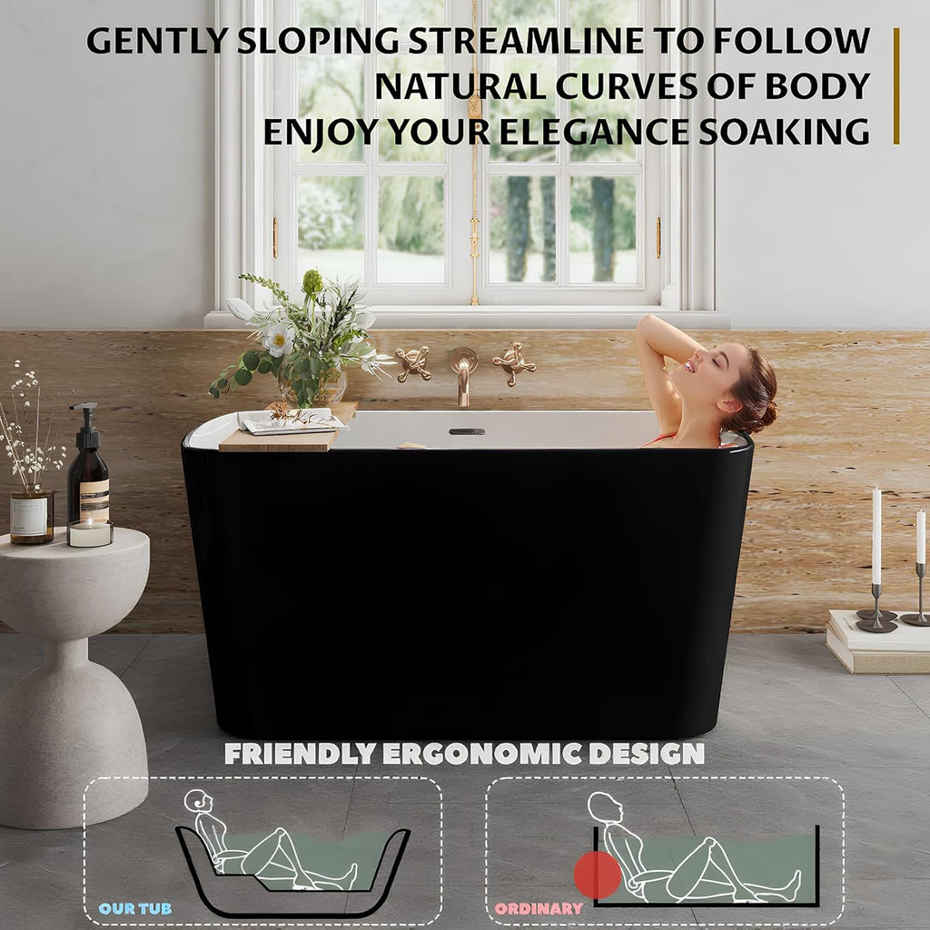 49' Freestanding Acrylic Bathtub, Japanese Square Soaking Tub with Built-in Seat, Toe-Tap Drain & Slotted Overflow, CUPC Certified Black Standalone Tub for Modern Bathroom