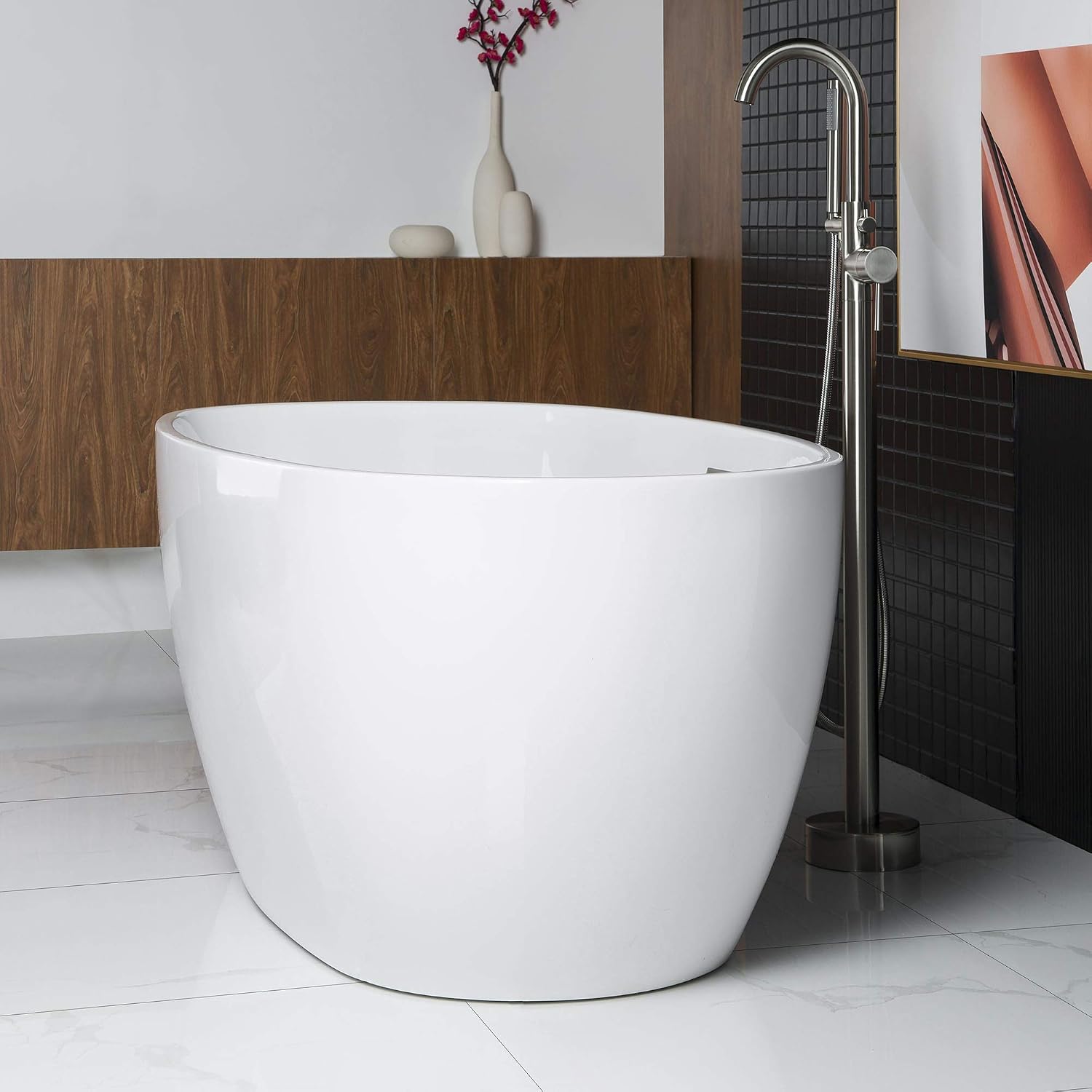 WOODBRIDGE 59'Freestanding White Acylic Soaking Bathtub with Brushed Nickel Drain and Overflow,BTA1518 -B/N-Drain &O