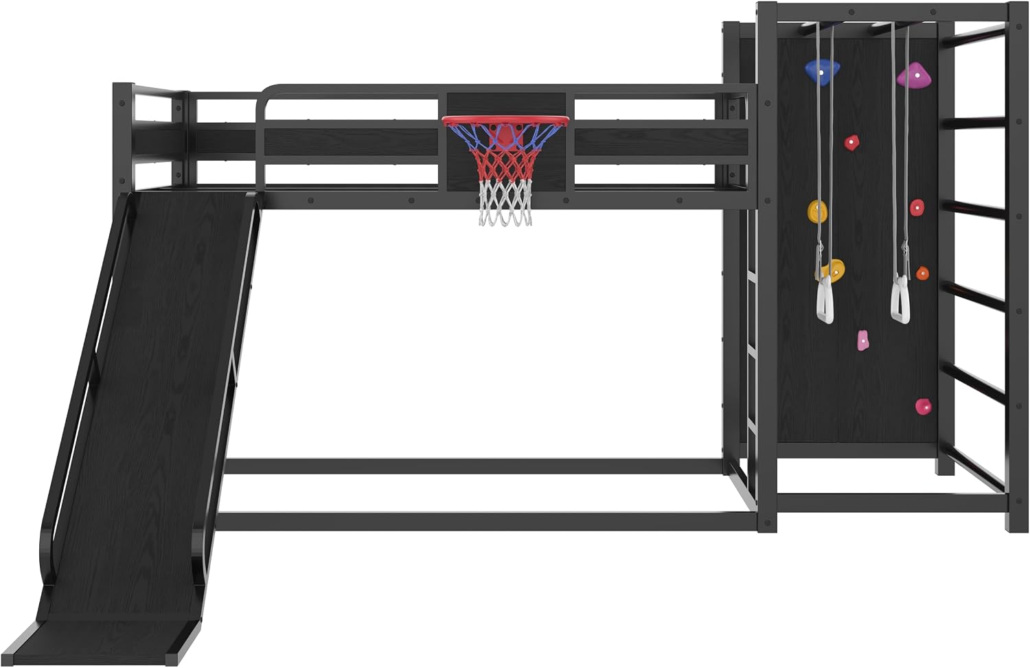 Multifunction Kids Loft Bed with Basketball Hoop, Slide, Pull-up Rings and Climbing Wall, Twin Metal Bunk Bed with Basketball Hoop, Pull-Up rings, Climbing Wall, and Built-in Bookshelves, Black