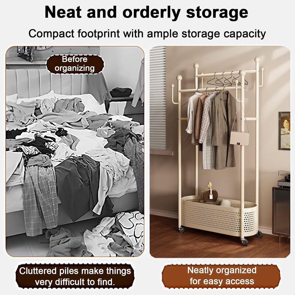 Modern Clothes Rack,Rolling Garment Rack with Storage Basket – Double Rod Clothing Organizer on Wheels for Bedroom, Closet or Entryway – Metal Coat Stand with Hooks(Black,60cm(23.6in))