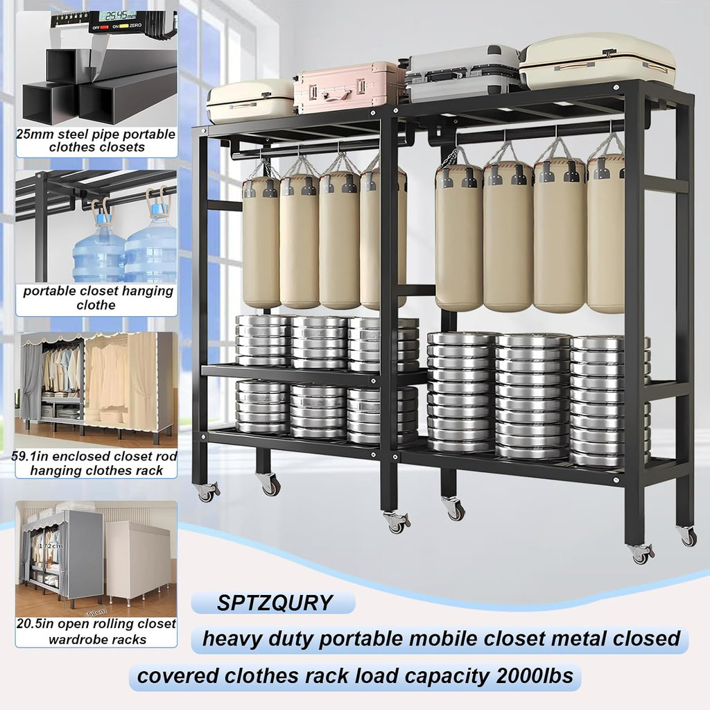 Heavy Duty Rolling Covered Metal Garment Rack with Lockable Wheels and Door, Load 2000lbs, Portable Closets for Hanging Clothes, Large Capacity 360°Enclosed Clothing Racks (B, 79.9in/203cm)
